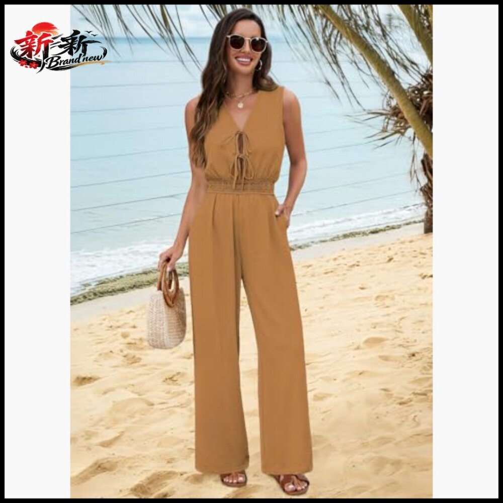 Sleeveless V-Neck Tie Front Wide Leg Jumpsuit Romper with Pockets - Picture 3 of 7